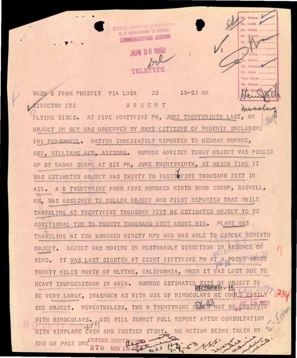 Teletipo urgente do FBI de Phoenix sobre o objeto visto em 29 de junho de 1950.
