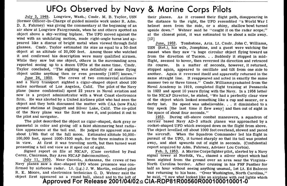 Texto impresso em inglês em duas colunas sob o título UFOs Observed by Navy and Marine Corps Pilots.