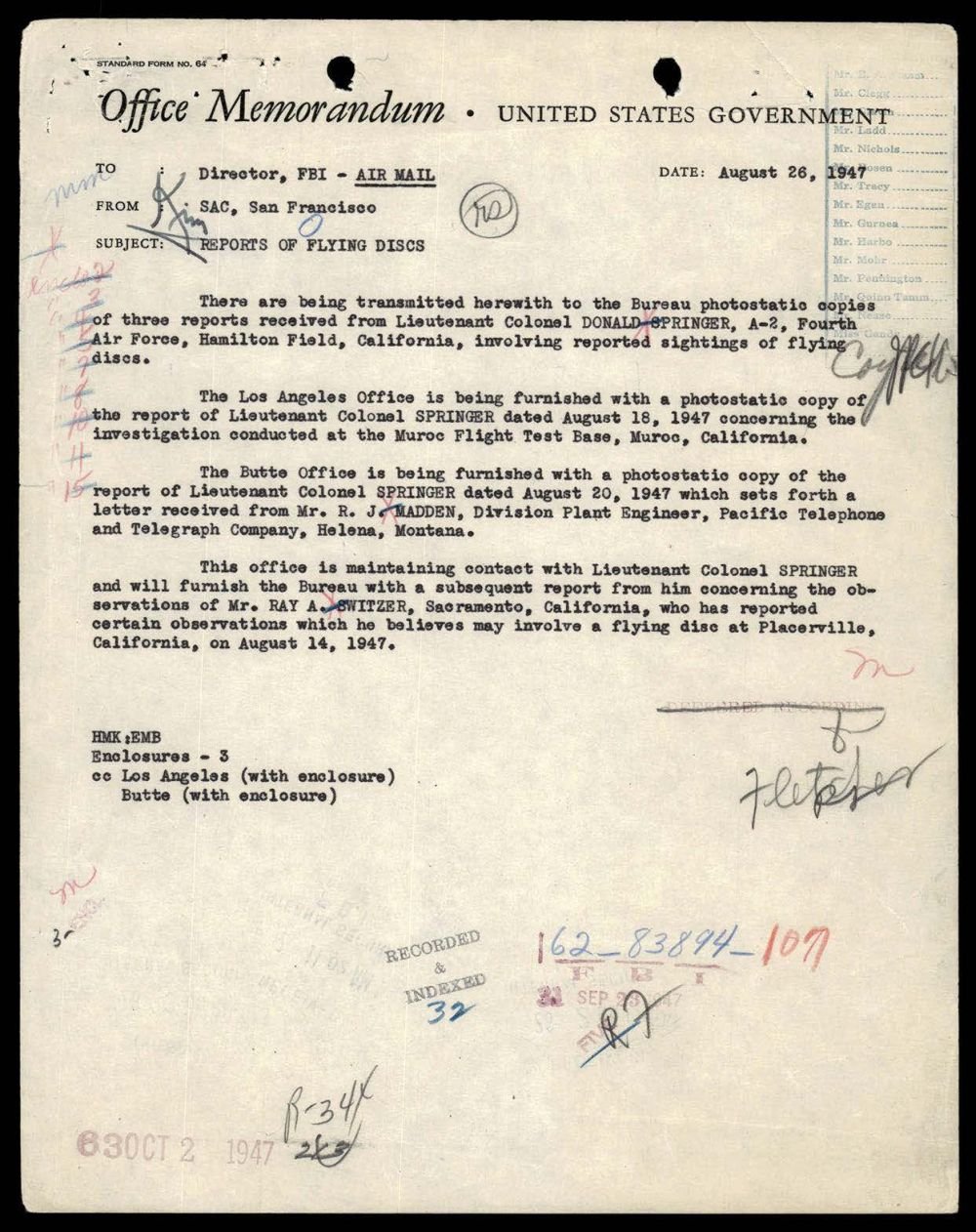 Memorando do FBI de San Francisco, de 26 de agosto de 1947, sobre relatos de discos voadores.