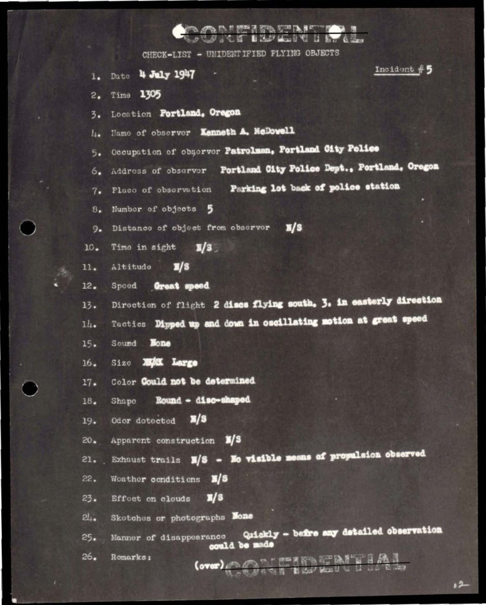 Formulário datilografado em letras claras sobre fundo escuro, com o título Check-List Unidentified Flying Objects e o número de incidente 5.