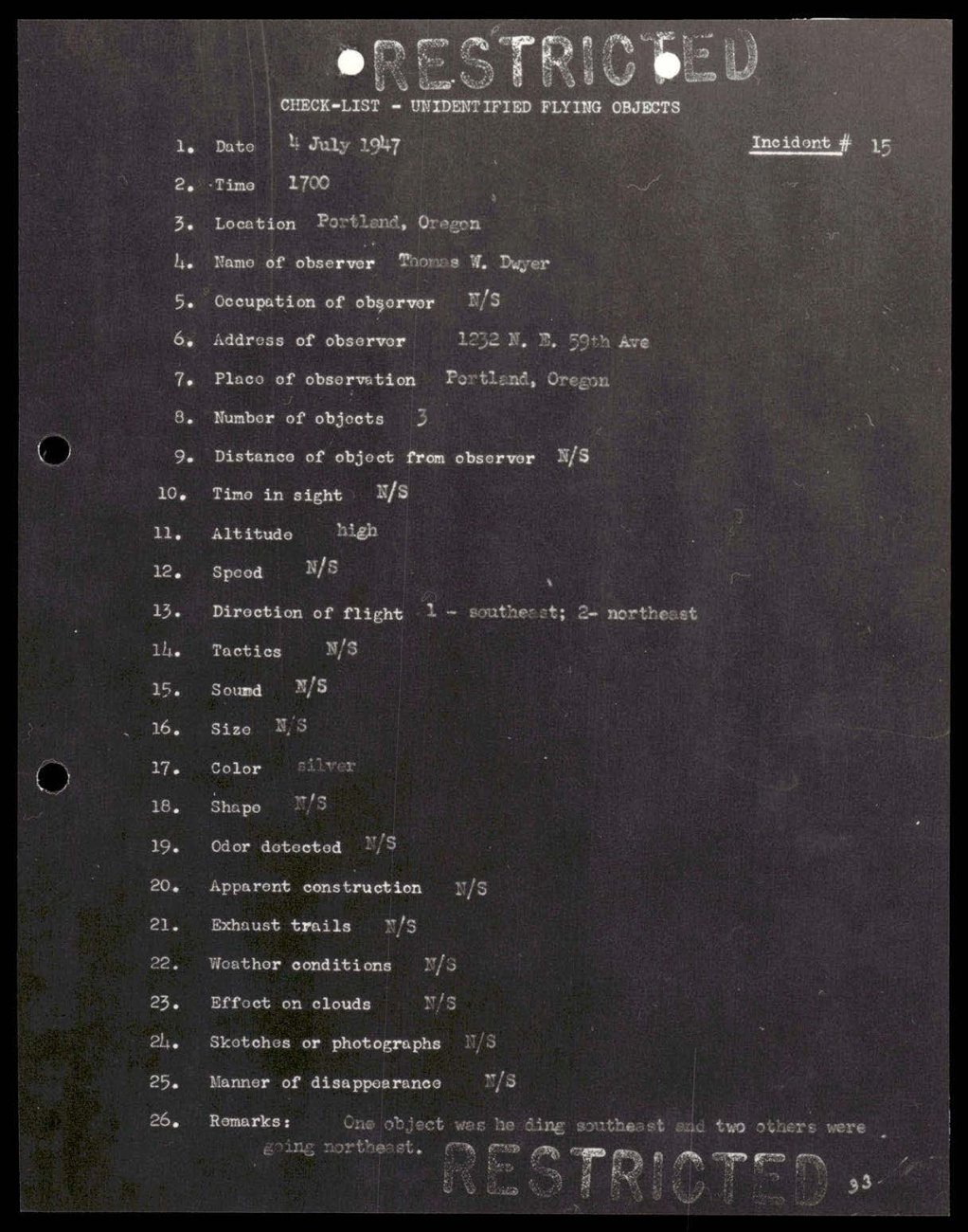 Formulário datilografado com o carimbo RESTRICTED e 26 campos numerados, a maioria marcada N/S.