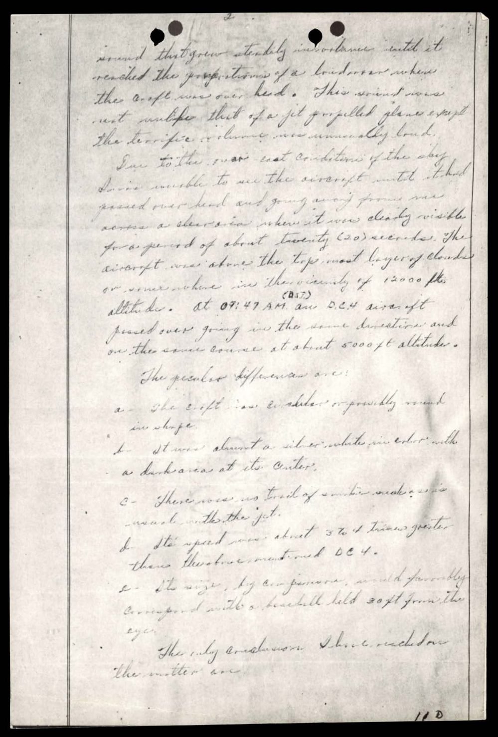Segunda folha da carta manuscrita, com lista de itens de a a e.