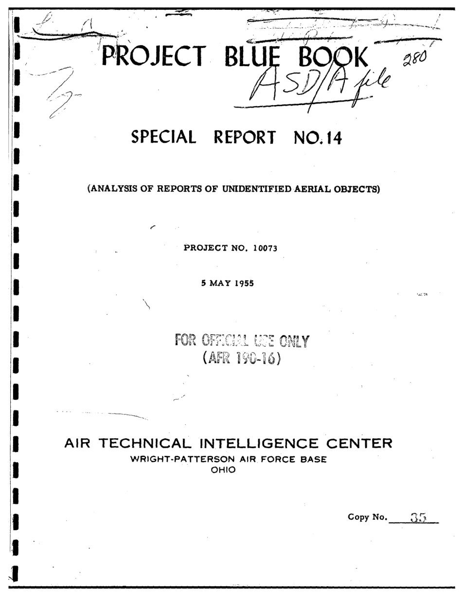 Capa datilografada com o título Project Blue Book Special Report No. 14, a data 5 May 1955 e o nome do Air Technical Intelligence Center, com anotações manuscritas no alto.