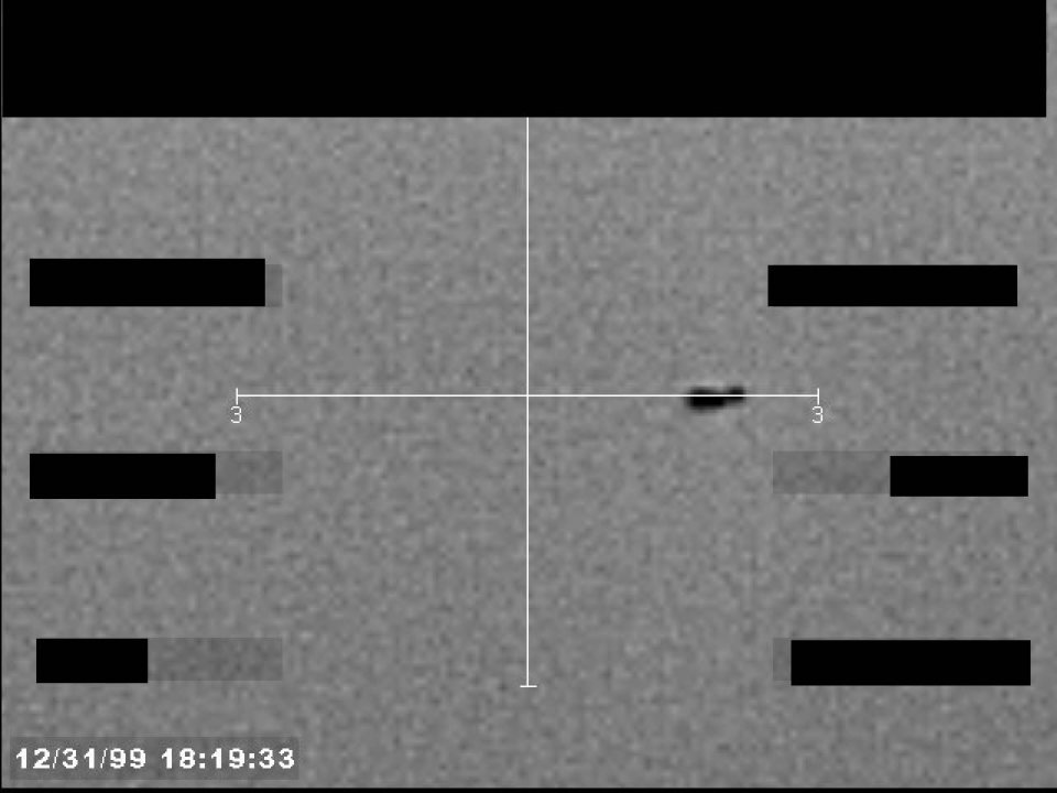 Imagem cinza granulada de sensor com retícula simples e uma mancha escura alongada à direita do centro.
