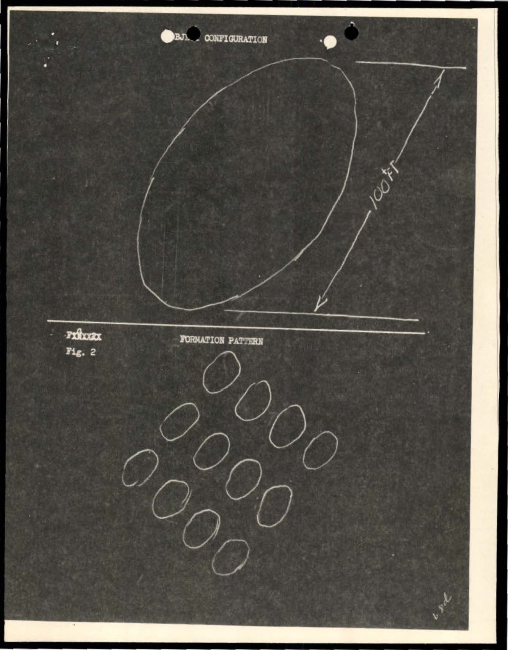 Desenho em traço claro sobre fundo escuro: no alto, um grande oval inclinado com seta marcada 100 FT; embaixo, doze pequenos ovais dispostos em forma de losango, com o título Formation Pattern.