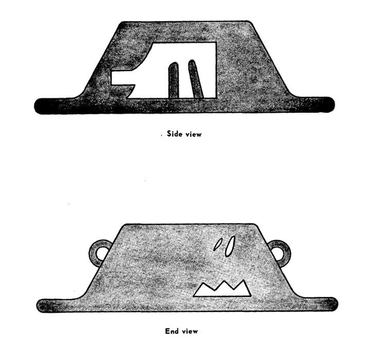 Dois desenhos de um objeto trapezoidal escuro com base larga; na vista frontal há duas alças laterais e marcas de chamas.