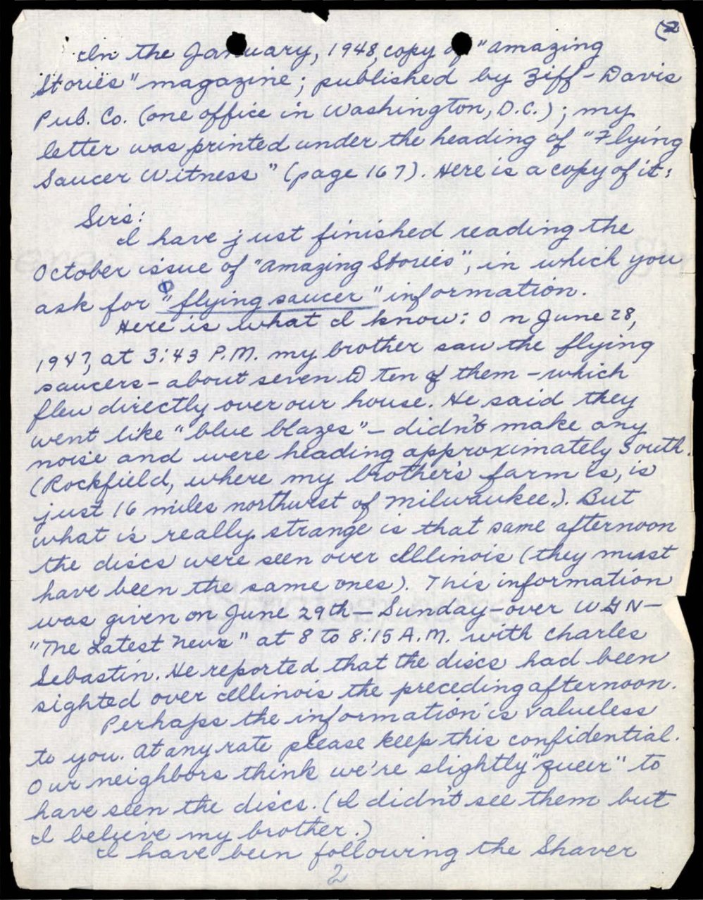 Folha manuscrita em tinta azul com o relato dos discos vistos pelo irmão em 28 de junho de 1947.