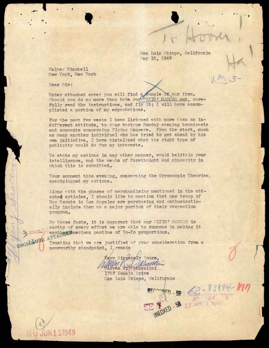 Carta datilografada assinada por Warren R. Franscioni com a anotação manuscrita To Hoover! Ha!