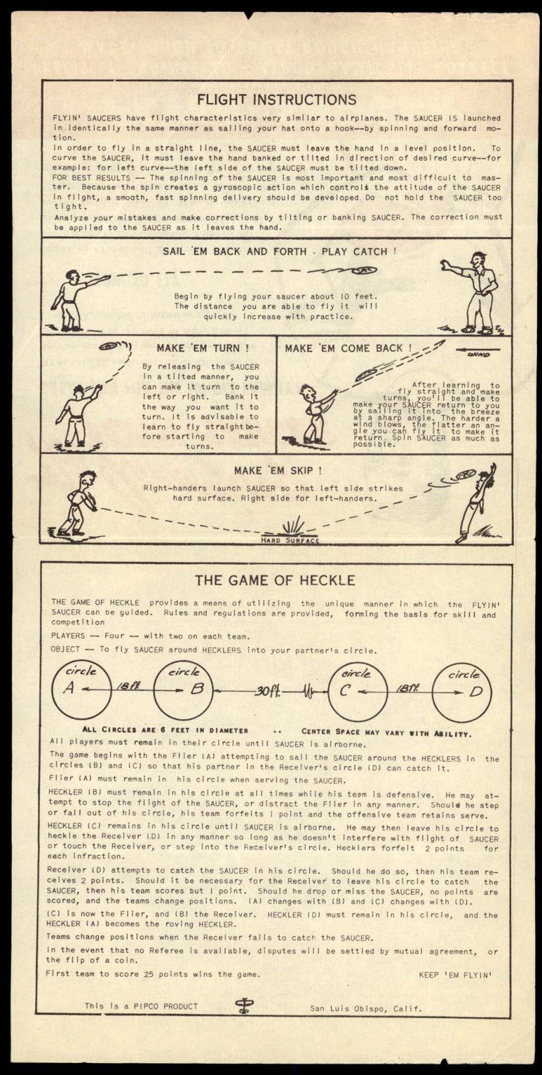 Folha de instruções com desenhos de pessoas lançando e pegando o disco e o diagrama de quatro círculos do jogo Heckle.