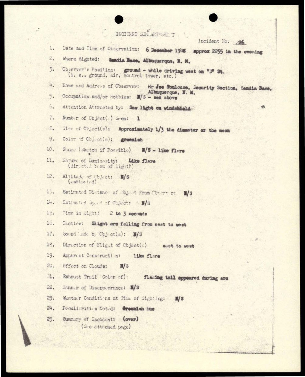 Formulário datilografado 'Incident Summary Sheet', incidente 226, com campos preenchidos e vários 'N/S'.