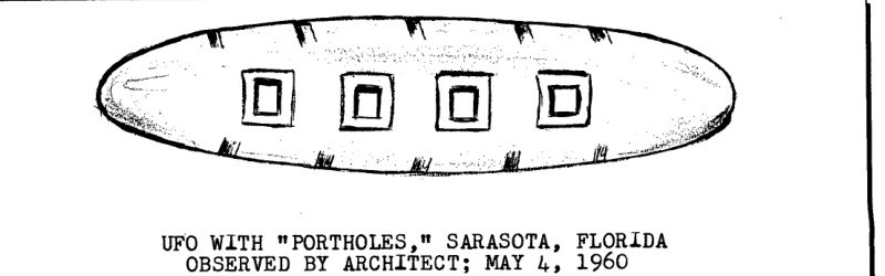 Desenho em preto e branco de um objeto alongado com quatro quadrados no centro, e legenda datilografada sobre Sarasota, Flórida, 1960.