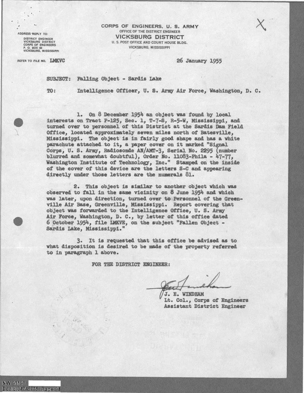 Carta do Corpo de Engenheiros do Exército sobre o objeto caído no lago Sardis, com a menção a uma radiossonda