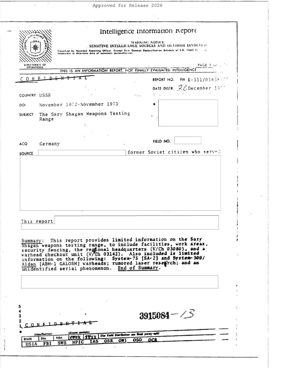 Primeira página do informe da CIA sobre o campo de testes de Sary Shagan