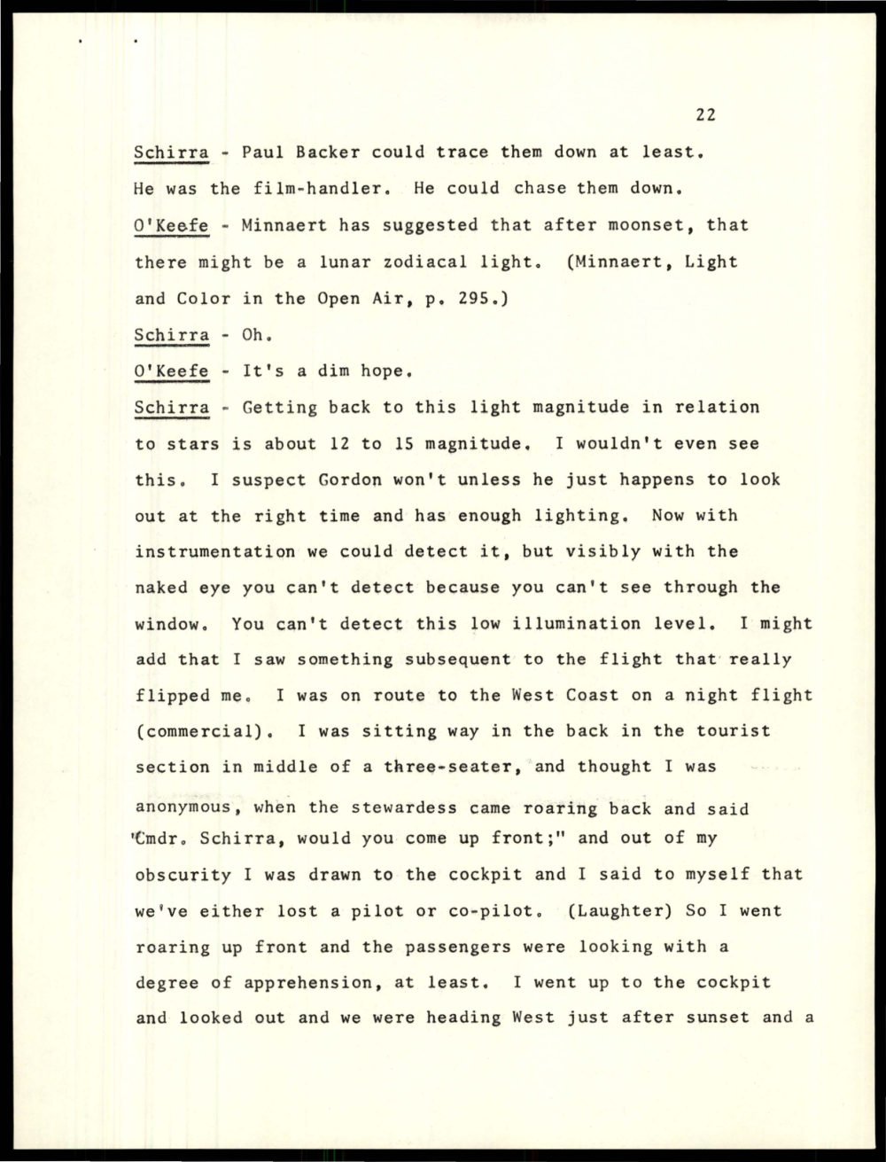 Página da transcrição em que Schirra começa a contar o episódio da cabine do avião.