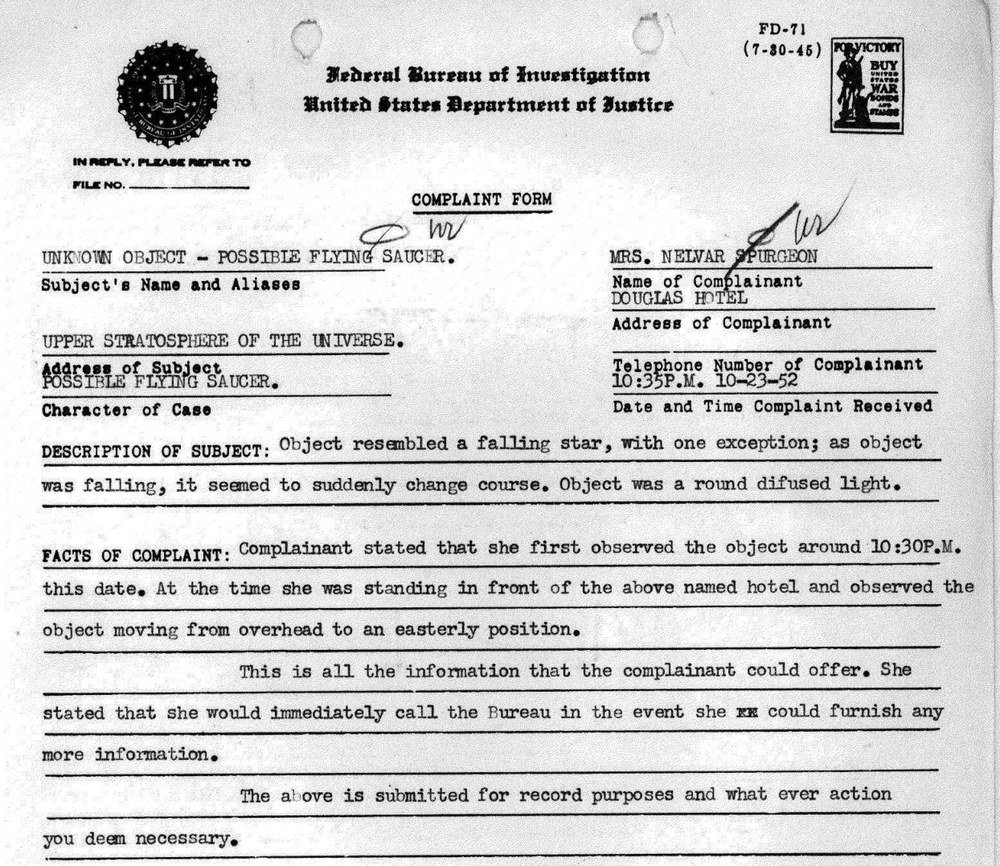 Formulário datilografado do FBI em inglês, com o título Complaint Form.