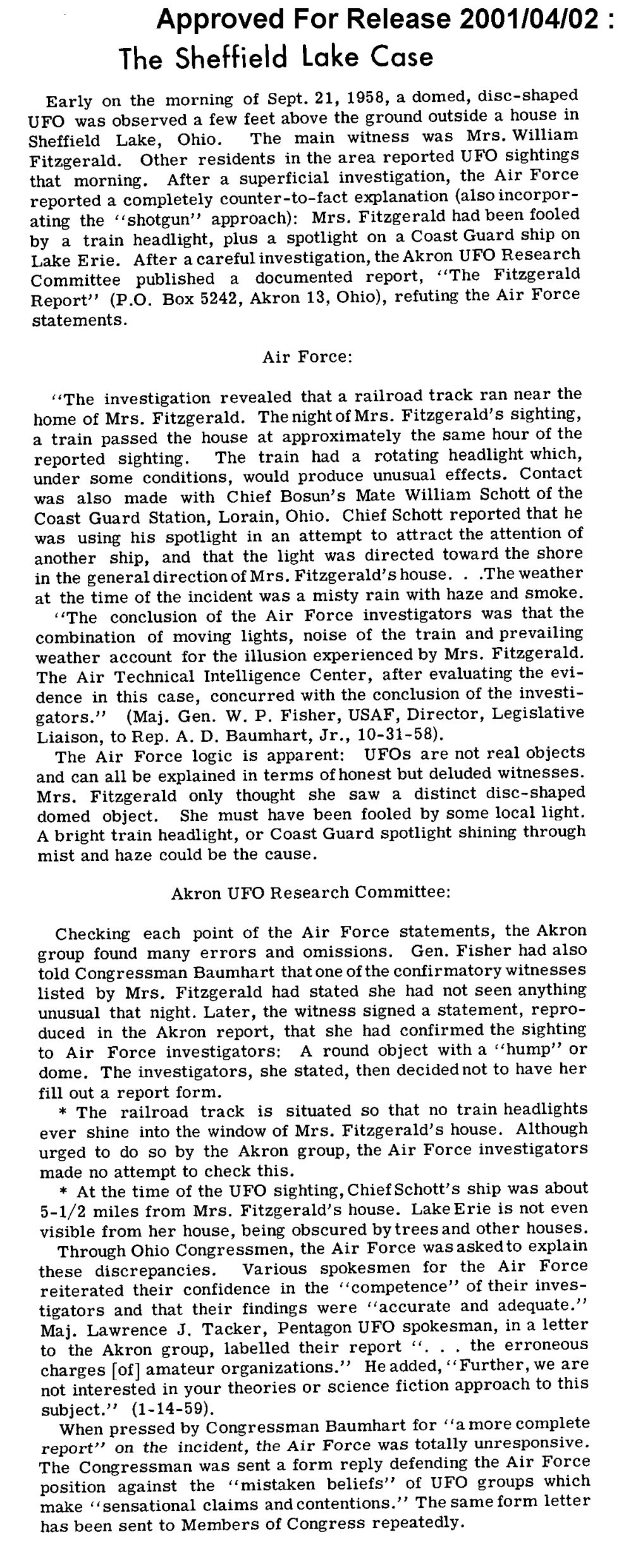 Coluna de texto impresso com o título The Sheffield Lake Case e os subtítulos Air Force e Akron UFO Research Committee.