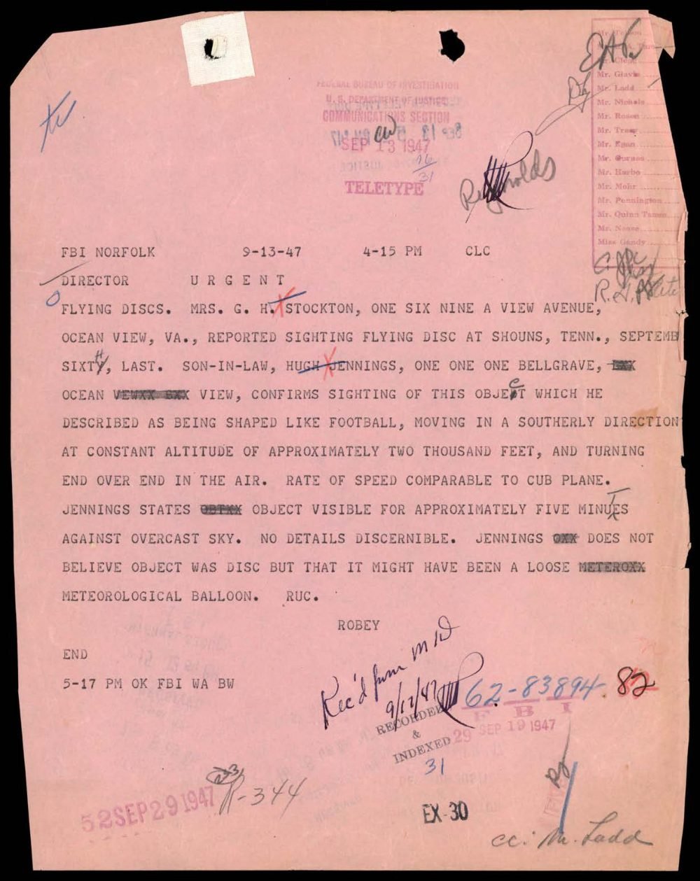 Teletipo rosa com o relato transmitido pelo genro da primeira informante.