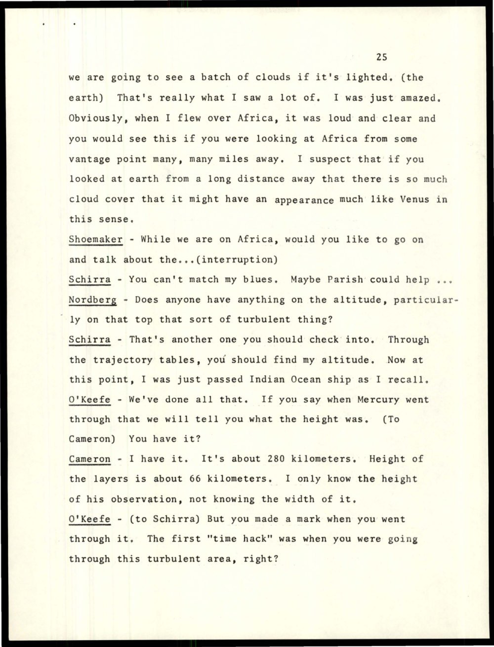 Página da transcrição do debriefing de Schirra, com o início da discussão sobre a África.