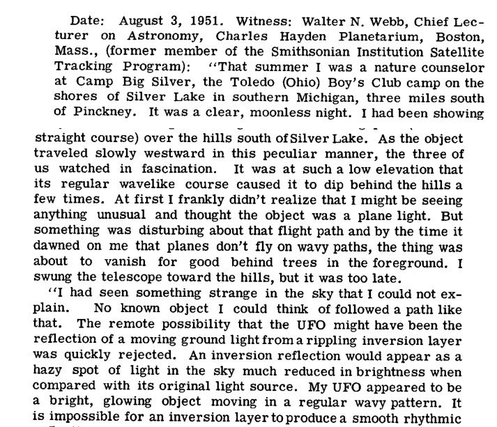 Recorte de página impressa com o relato datado de 3 de agosto de 1951, assinado por Walter N. Webb.