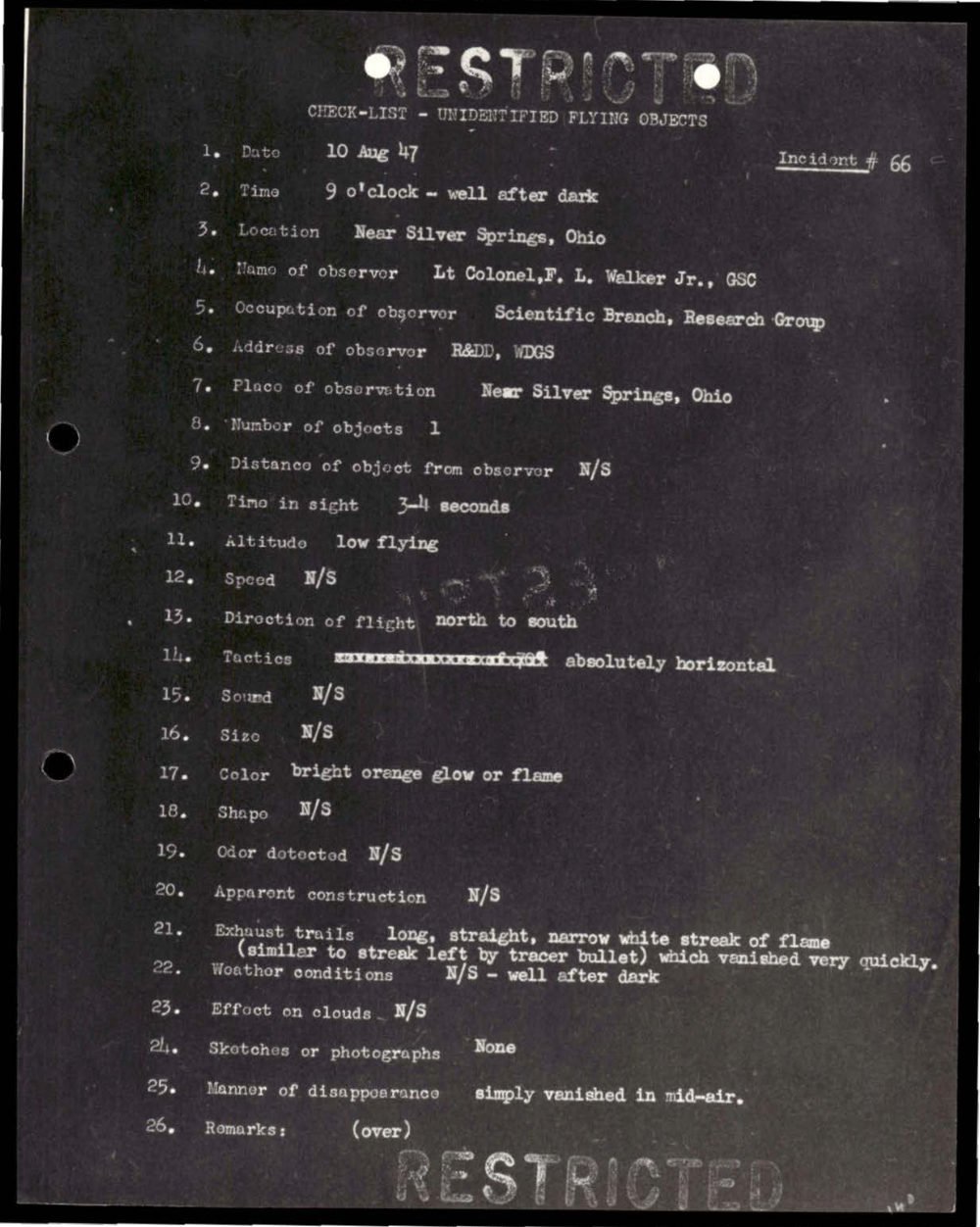 Ficha datilografada do incidente 66, Ohio, 1947