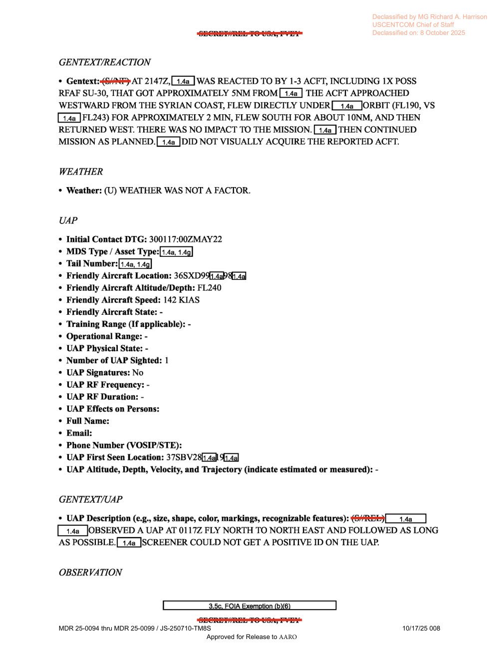 Página de relatório de missão com texto sobre a reação de aeronaves e a ficha do UAP.
