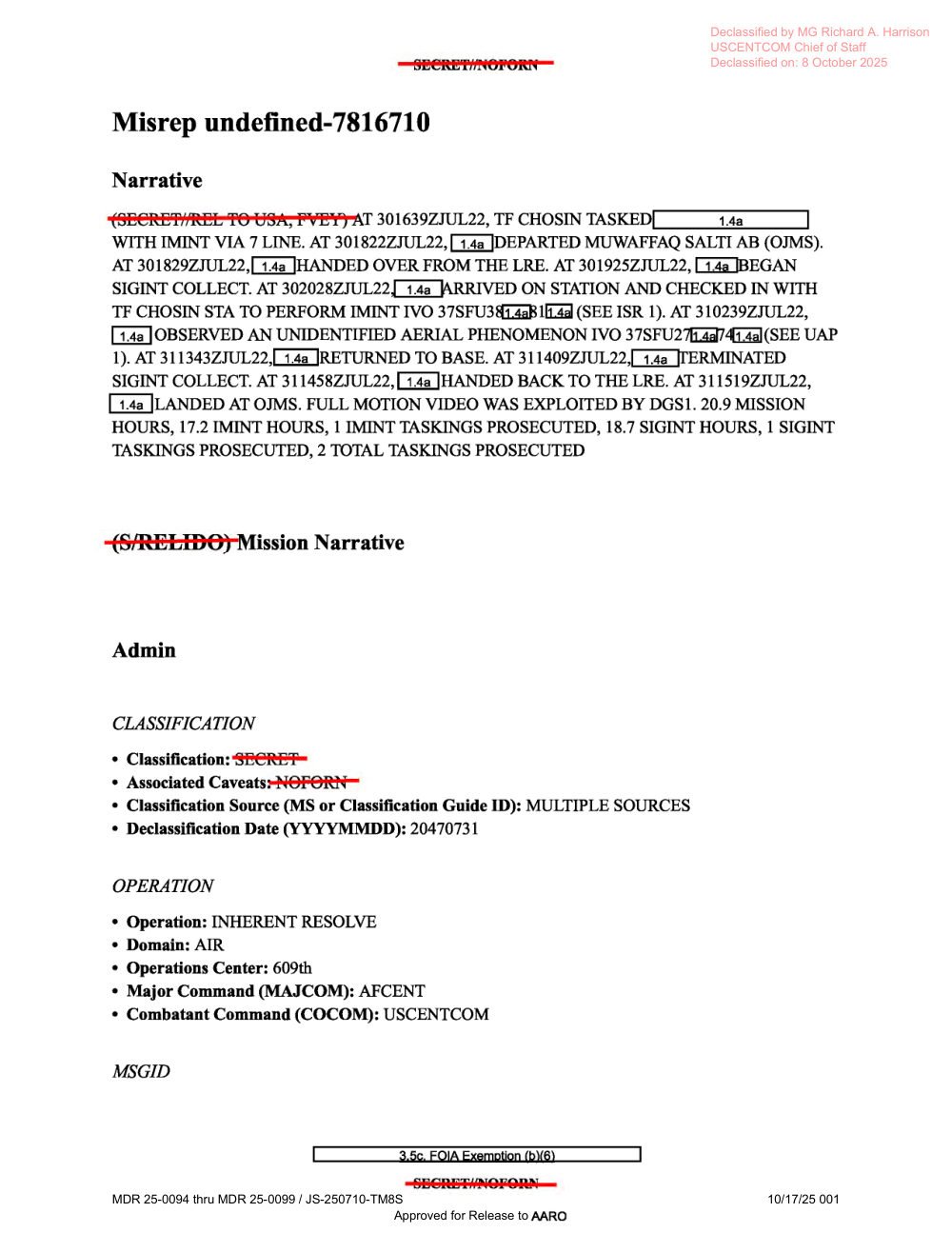 Página de relatório militar com a narrativa da missão e retângulos de tarja sobre nomes e locais.