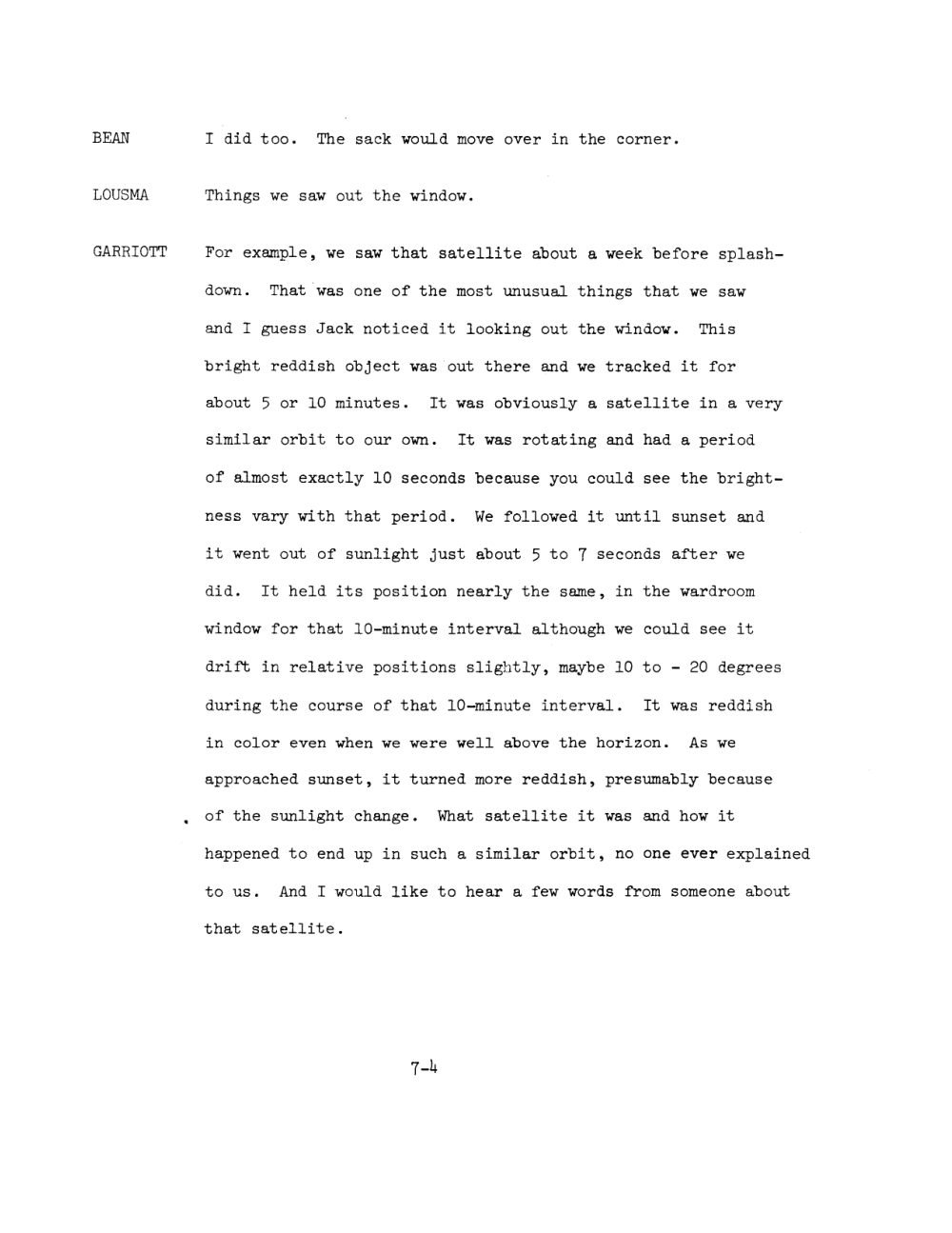 Página datilografada do debriefing do Skylab 1/3 com a fala de Garriott.