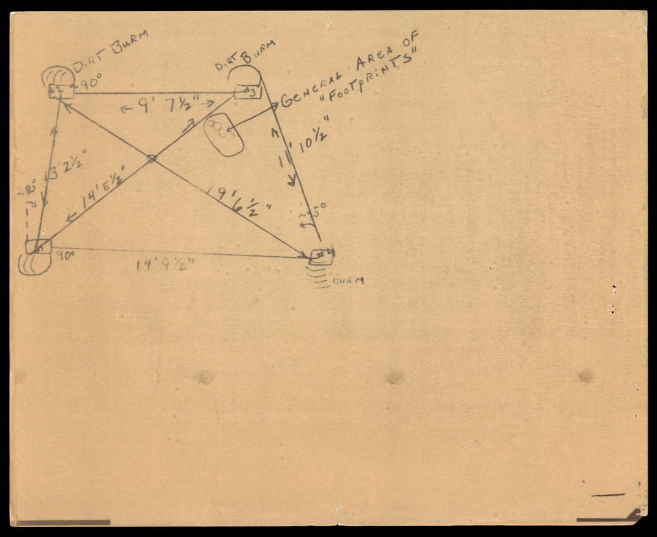 Desenho a lápis em papel pardo: quatro pequenos retângulos numerados formando um quadrilátero, ligados por linhas com medidas em pés e polegadas; um contorno oval marcado como área das pegadas.