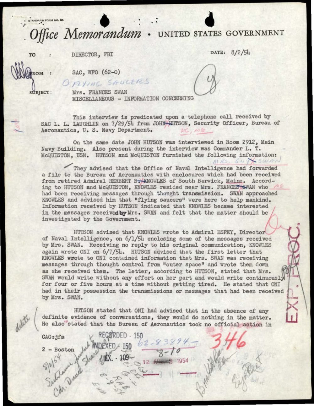 Primeira página do memorando sobre a entrevista com dois oficiais da Marinha.