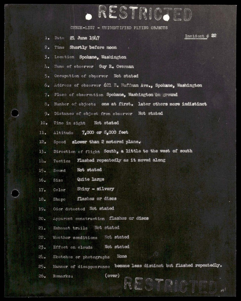 Ficha datilografada com campos numerados de 1 a 26, em negativo fotográfico, com carimbo RESTRICTED.