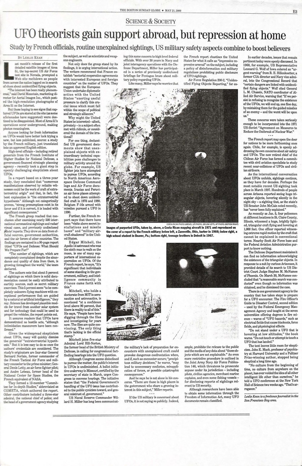 Página de jornal com título sobre teóricos de UFO e quatro fotografias em preto e branco de objetos no céu.