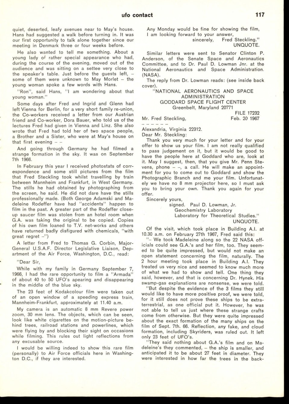 Página de revista em duas colunas com texto corrido e a transcrição de uma carta com timbre da NASA.
