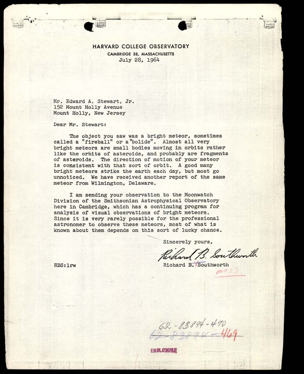 Carta timbrada do Harvard College Observatory, de 28 de julho de 1964, endereçada a Edward A. Stewart Jr.