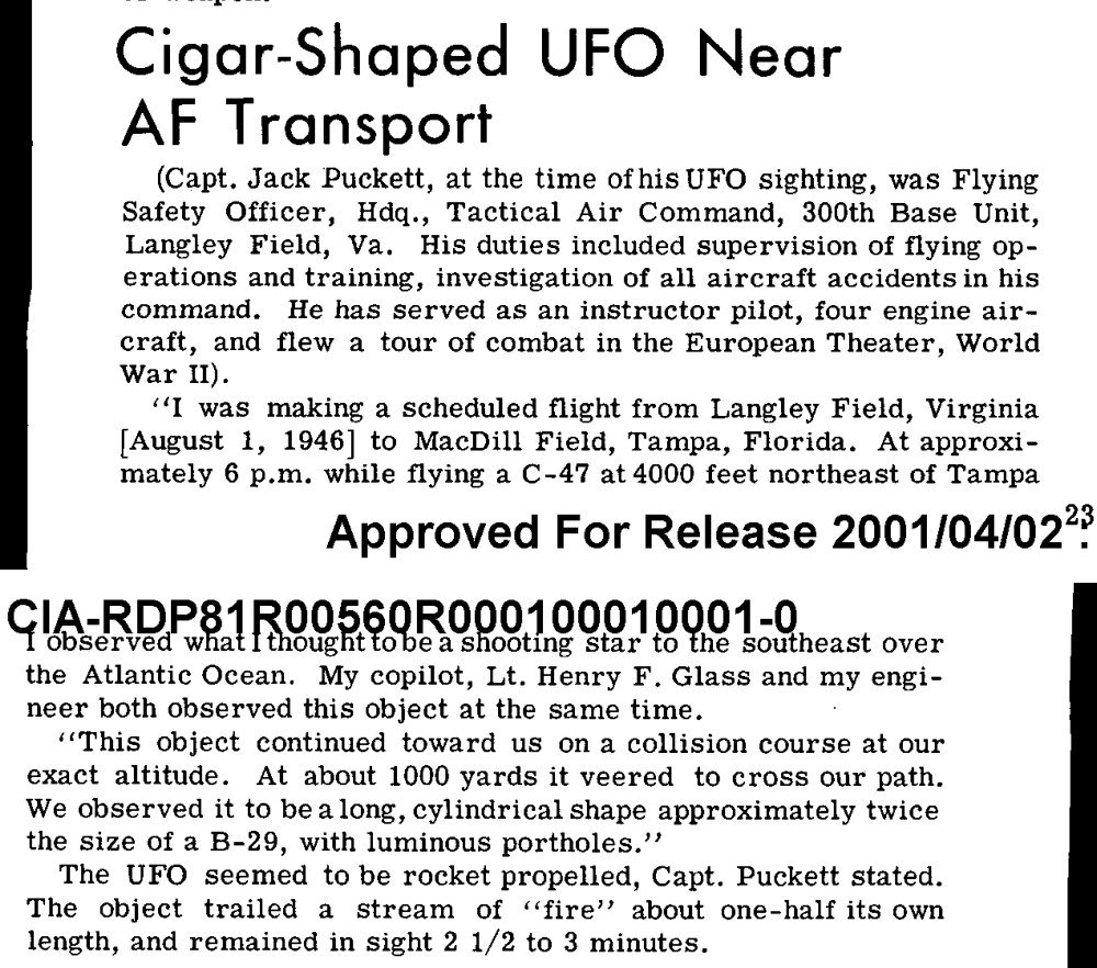 Dois trechos de texto impresso em inglês, o primeiro com título grande Cigar-Shaped UFO Near AF Transport e o segundo começando com I observed what I thought to be a shooting star.
