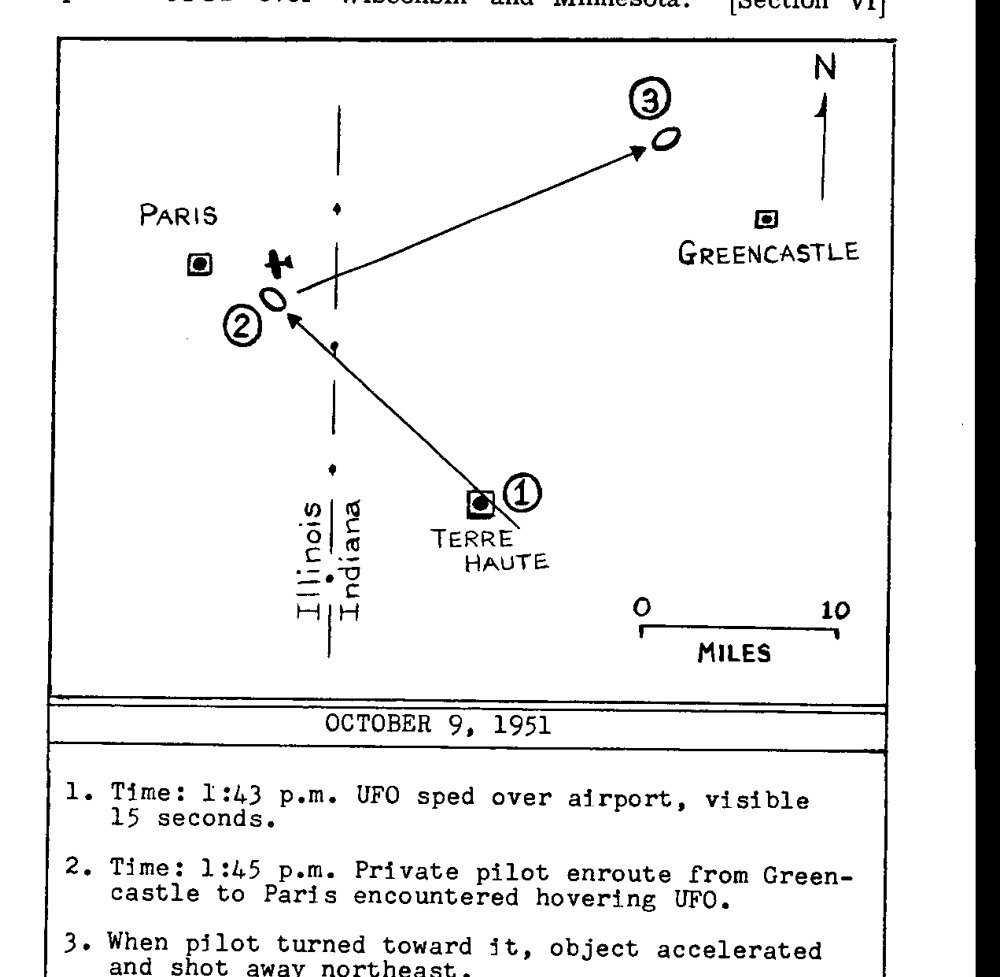 Mapa a traço com a palavra Paris à esquerda, Terre Haute embaixo e Greencastle à direita, setas ligando os círculos numerados 1, 2 e 3, um pequeno avião, escala de 10 milhas e a legenda October 9, 1951.