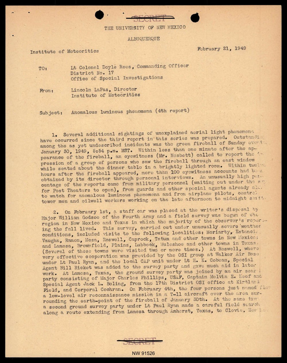 Primeira página do quarto relatório de LaPaz, de 21 de fevereiro de 1949