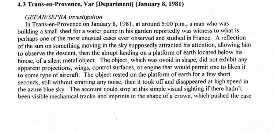 Trecho datilografado em inglês com o título 4.3 Trans-en-Provence, Var, January 8, 1981, e o subtítulo GEPAN/SEPRA investigation.