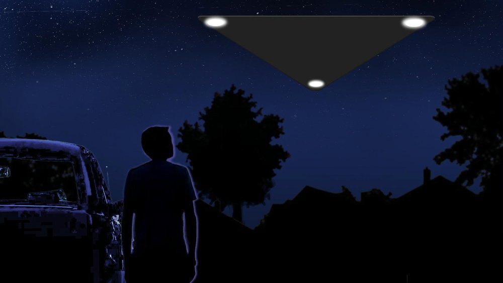 Ilustração noturna de um homem em silhueta junto a uma picape, olhando para um grande triângulo escuro com três luzes brancas no céu.