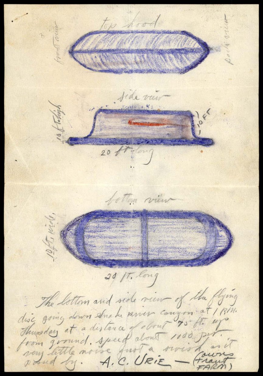 Três desenhos em lápis azul de um objeto alongado de pontas afiladas, visto de cima, de lado com uma faixa vermelha e de baixo, com anotações manuscritas e a assinatura A. C. Urie.