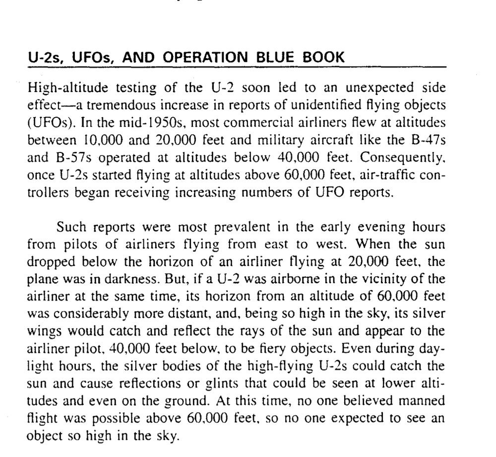 Recorte de página datilografada em inglês com o título U-2s, UFOs, and Operation BLUE BOOK e dois parágrafos de texto.