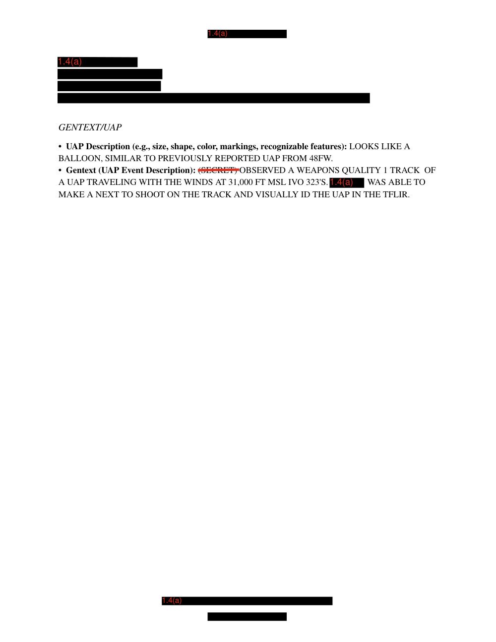 Página de relatório de missão com poucas linhas de texto sob blocos tarjados, descrevendo um UAP parecido com um balão.