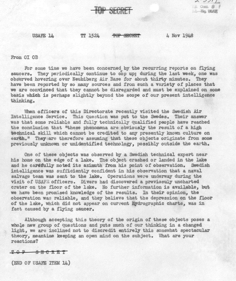 Folha datilografada com carimbos Top Secret riscados, cabeçalho USAFE 14 TT 1524 4 Nov 1948 e quatro parágrafos terminados em What are your reactions?