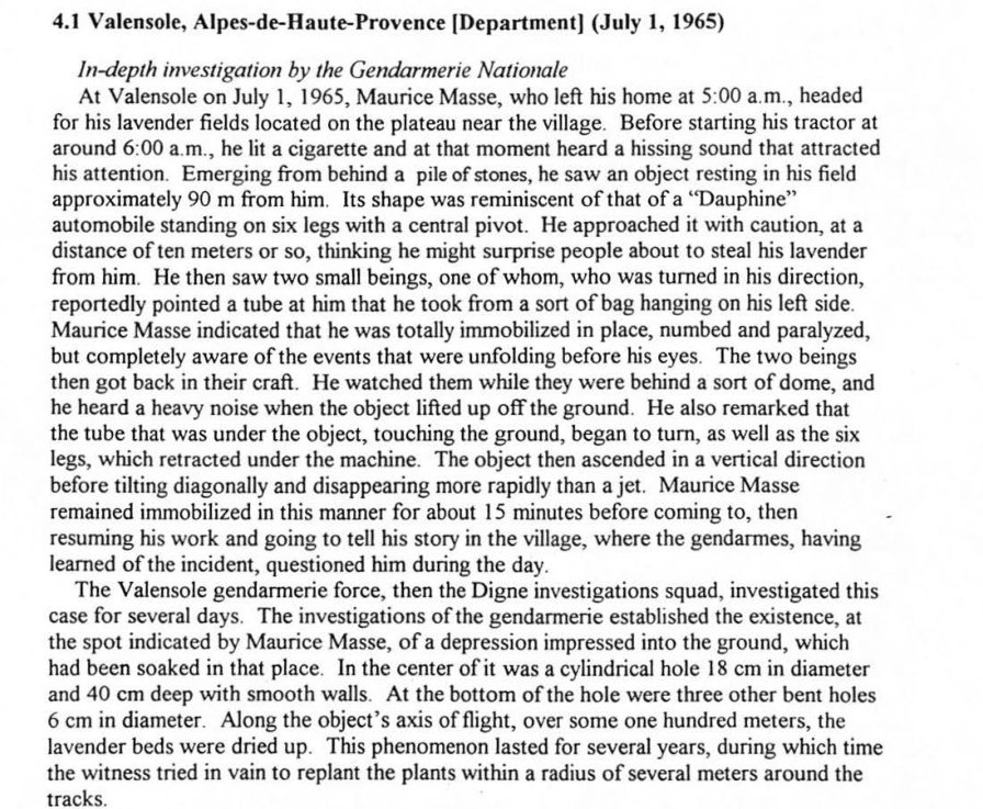 Trecho datilografado em inglês com o título 4.1 Valensole, Alpes-de-Haute-Provence, July 1, 1965, e o subtítulo In-depth investigation by the Gendarmerie Nationale.
