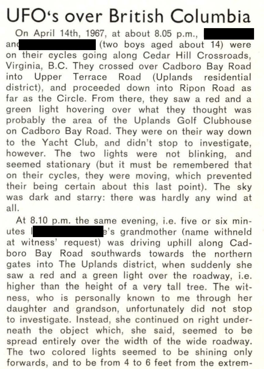 Coluna de revista com o título UFO's over British Columbia; dois nomes próprios cobertos por tarjas pretas.