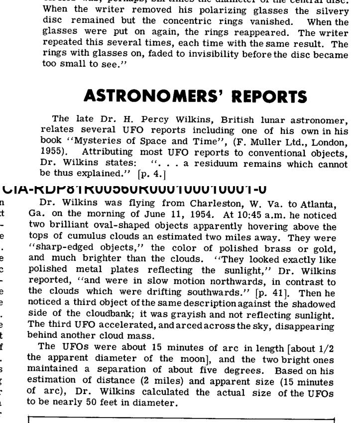 Recorte de página impressa com o título Astronomers' Reports e o relato do astrônomo H. Percy Wilkins.