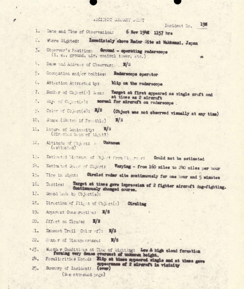 Formulário datilografado do Projeto Sign, incidente 198, sobre um eco de radar no norte do Japão.