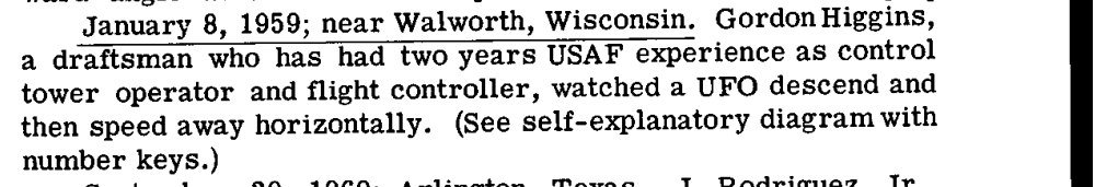 Parágrafo impresso em inglês que começa com January 8, 1959; near Walworth, Wisconsin.