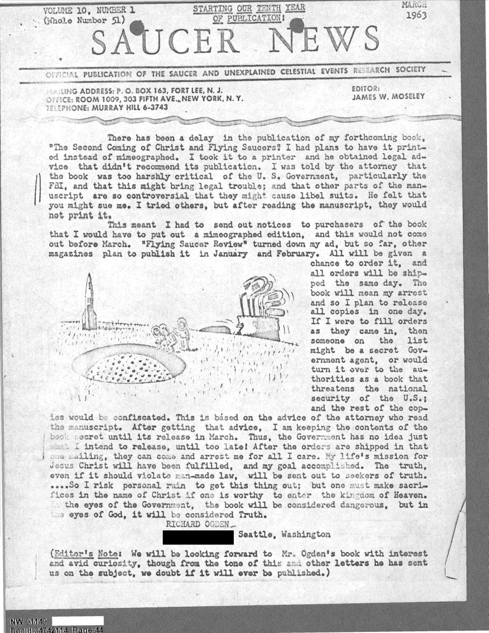 Página de boletim com o título Saucer News no alto, uma carta de leitor em texto datilografado, uma charge com um foguete e figuras num terreno e uma nota do editor
