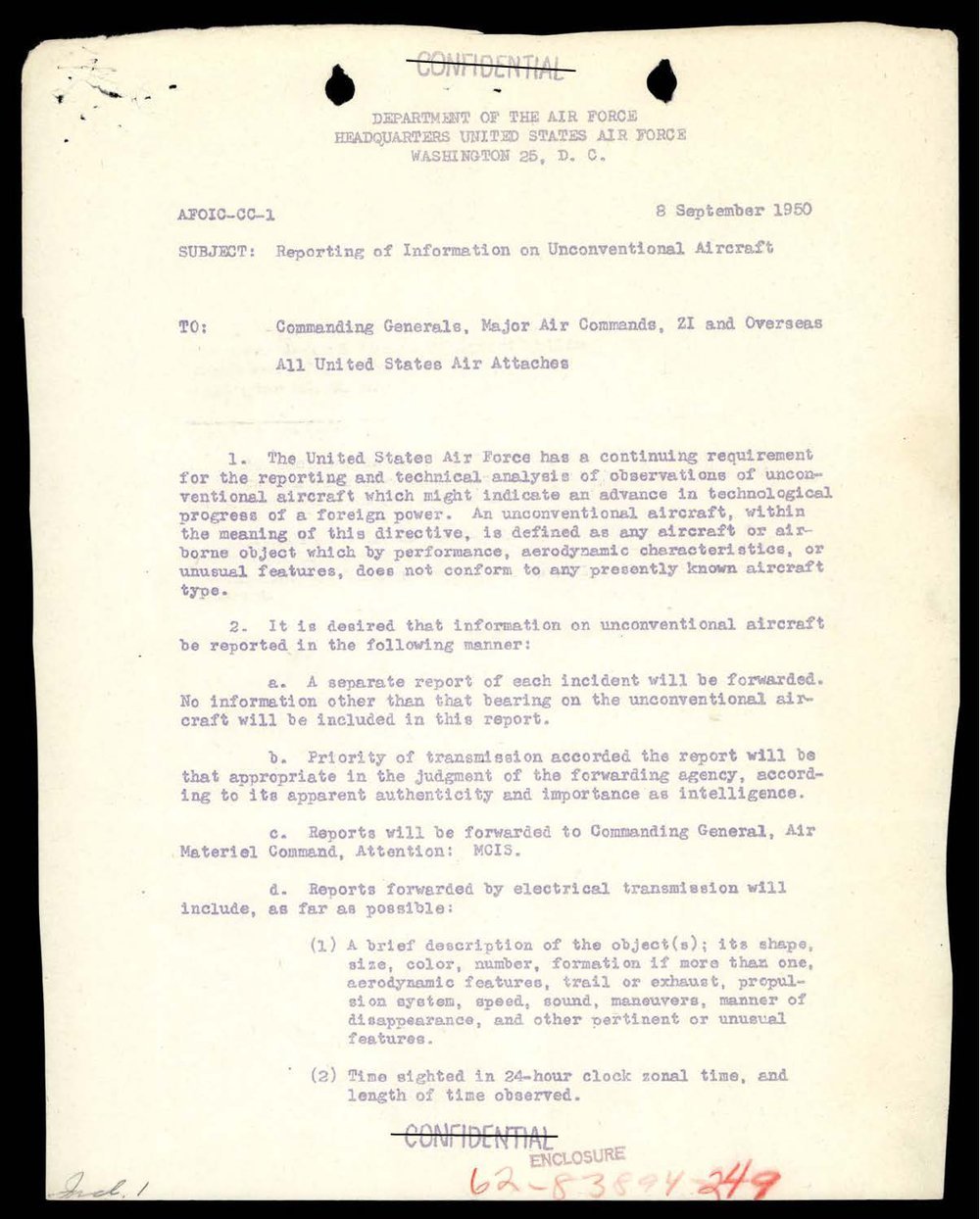 Página datilografada com o cabeçalho do Quartel-General da Força Aérea, a data 8 September 1950 e o assunto Reporting of Information on Unconventional Aircraft.