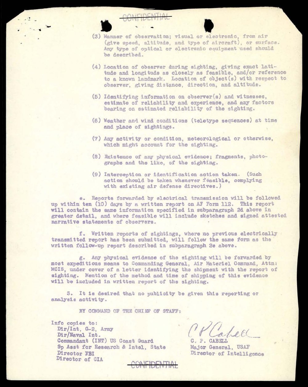 Página datilografada com itens numerados de 3 a 9, parágrafos e, f e g, item 3 sobre publicidade, lista de cópias e assinatura de C. P. Cabell.